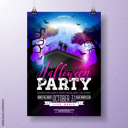 Halloween Party flyer vector illustration with black coffin and zombie hands on mysterious moon background. Holiday design template with spiders, cemetery and flying bats for party invitation