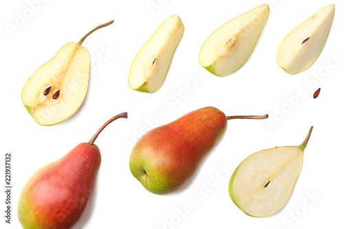 pear with slices isolated on white background. top view