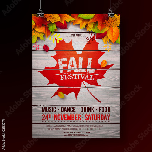 Autumn Party Flyer Illustration with falling leaves and typography design on vintage wood background. Vector Autumnal Fall Festival Design for Invitation or Holiday Celebration Poster.