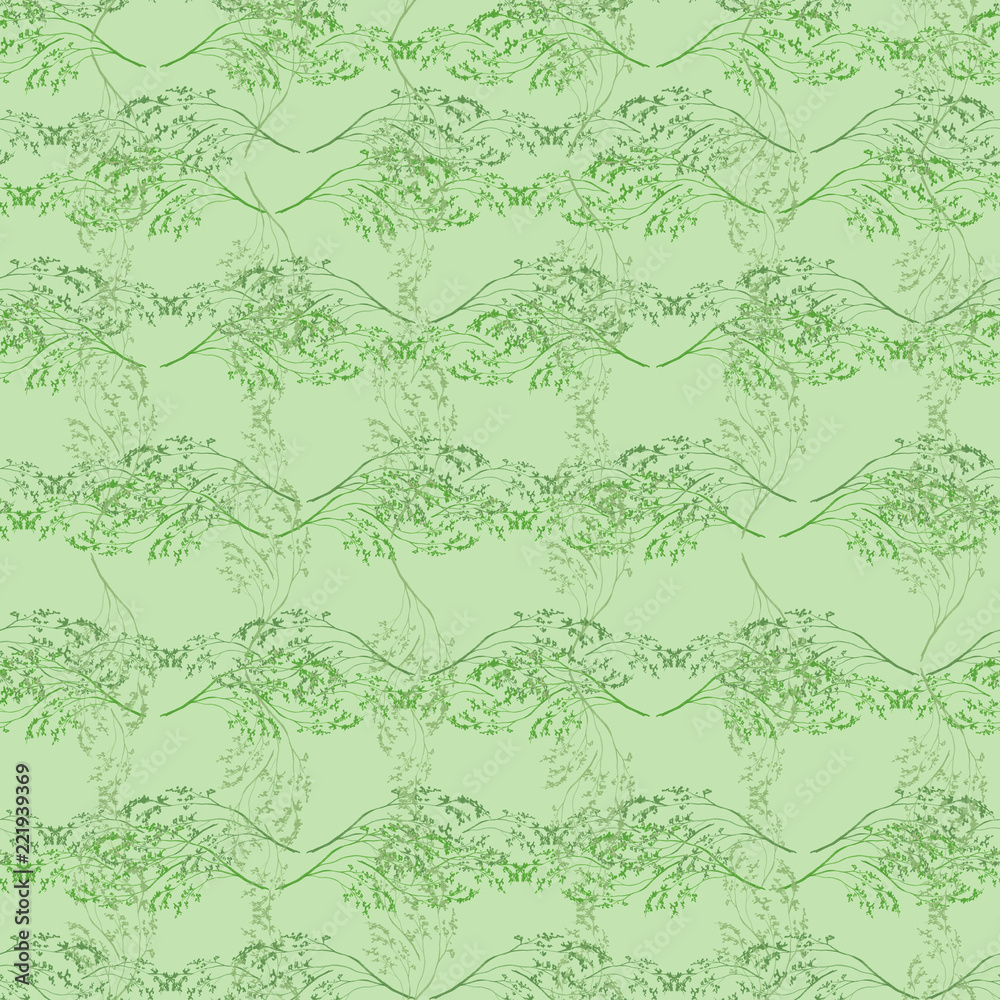 Watercolor floral seamless background, texture of leaves, grasses, plants. Juniper, moss,wild grass, green plants,dry flower, algae. Natural wood pattern. Beautiful pattern for your design.