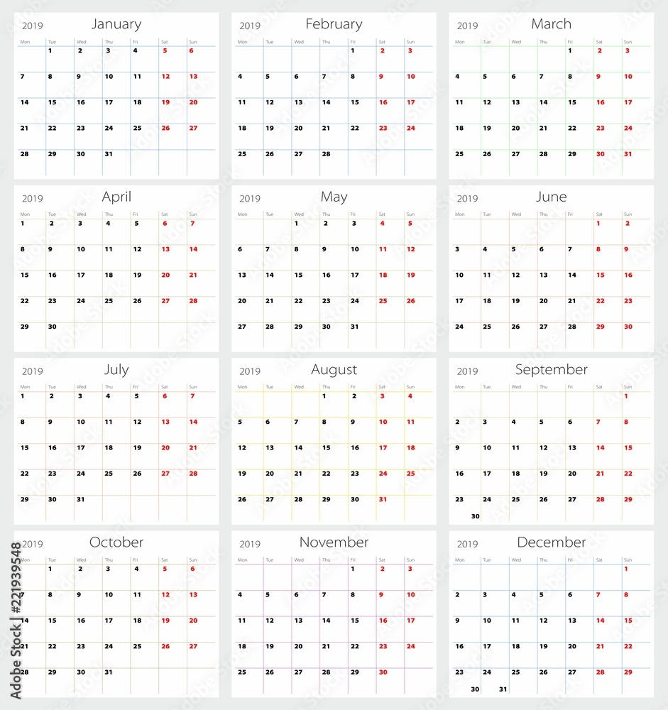 Vector calendar 2019 (English version) Vector calendar 2019 (English version)