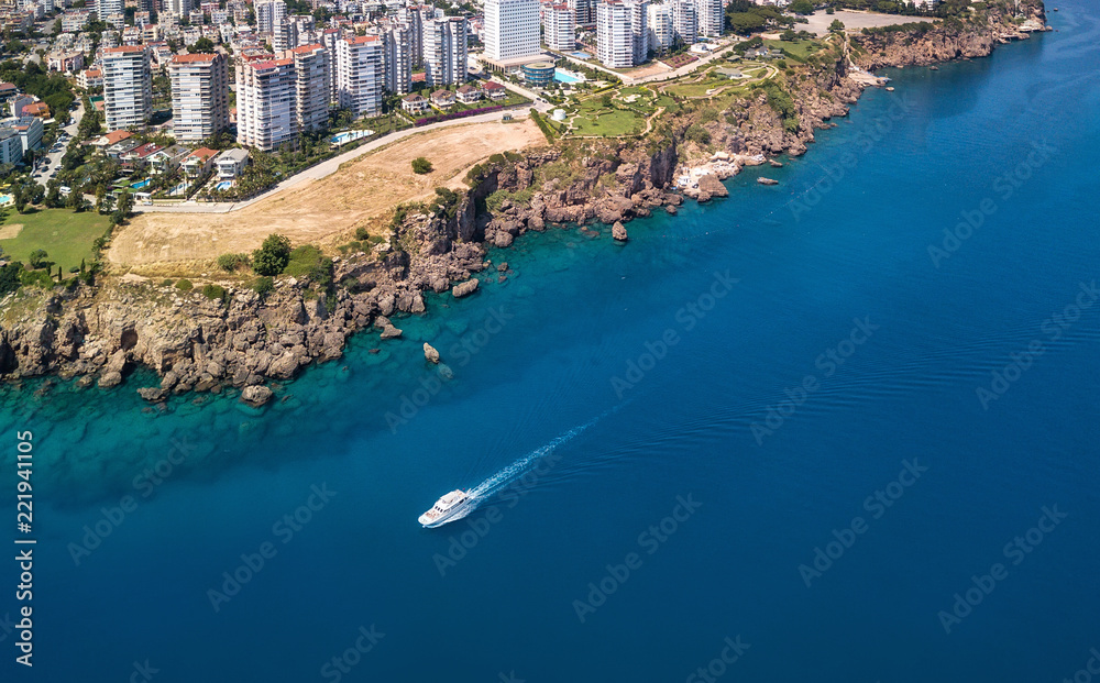 Aerial view at the Antalya, Turkey. Blue sea from air as a background. Natural seascape at the summer time. Landscape from drone