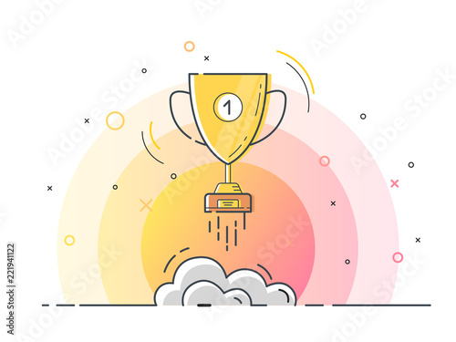 Golden trophy cup rocket launch for idea boost. Trendy flat vector on white background. Vector Illustration. 