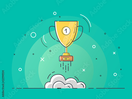 Golden trophy cup rocket launch for idea boost. Trendy flat vector on green background. Vector Illustration. 