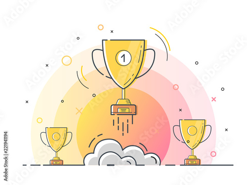 Set of standing golden trophy cups with one glowing rocket launch. Trendy flat vector trophy cup icons with concept of idea on white background. 