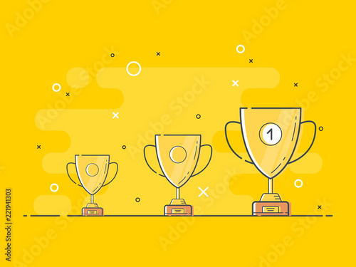 Set of standing golden trophy cups with one glowing. Trendy flat vector light bulb icons with concept of idea on yellow background. 