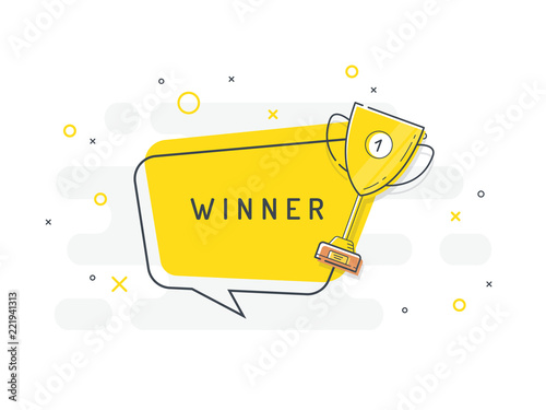 Quick Tips badge with golden trophy cup and speech bubble. Trendy flat vector on white background. Vector Illustration. 