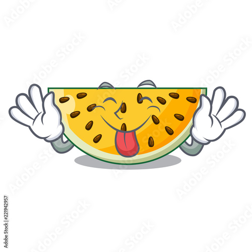 Tongue out ripe yellow watermelon isolated on mascot