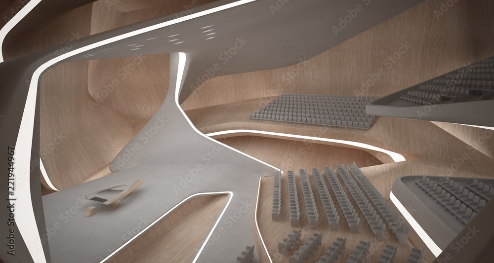 Conceptual abstract design of the interior of the concert hall and grand piano in a modern style. 3D illustration and rendering.