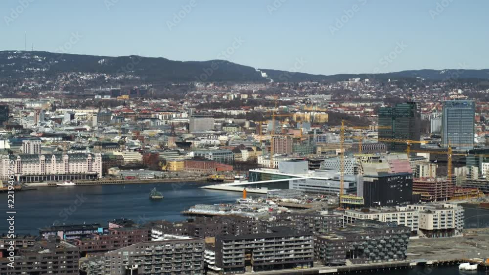 Drone shot of Barcode from Ekeberg in Oslo, Norway, slow back Drone shot of Barcode from Ekeberg in Oslo, Norway, slow back