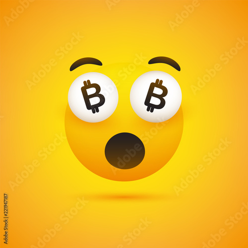 Emoji with Surprised Face and Bitcoin Sign in the Eyes - Simple Happy Emoticon on Yellow Background - Vector Design 