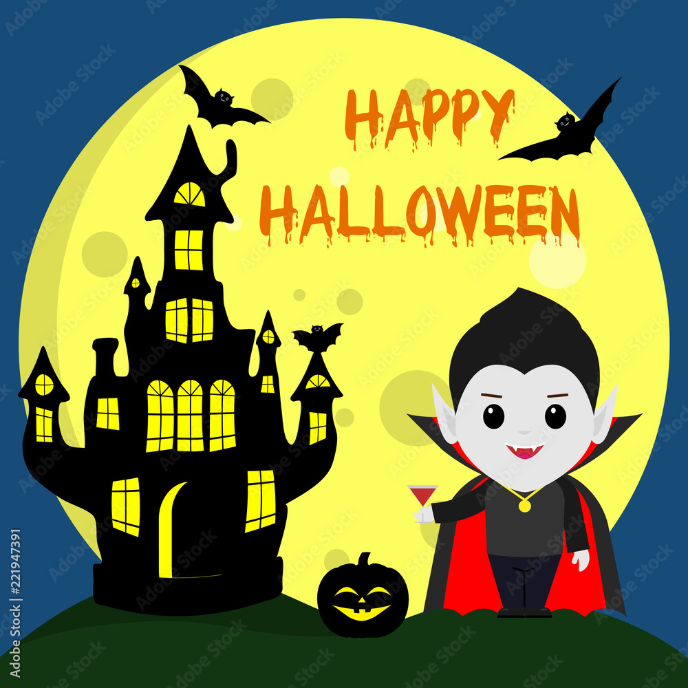 Happy Halloween. Cartoon Dracula Vampire in the night background . Vector  illustration. Stock Vector