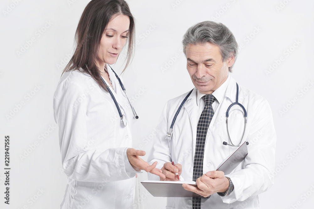 two physician discuss the diagnosis of the patient.isolated on white background two physician discuss the diagnosis of the patient.isolated on white background