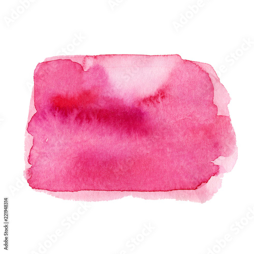 Pink watercolor paint stain background. Watercolor smear isolated on white background. Abstract background, hand drawn texture, paint splashe. Design for backgrounds, covers, cards, banners. 