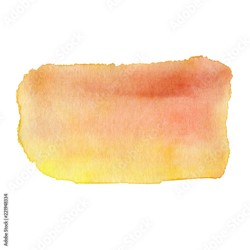 Yellow watercolor paint stain background. Watercolor smear isolated on white background. Abstract background, hand drawn texture, paint splashe. Design for backgrounds, covers, cards, banners. 