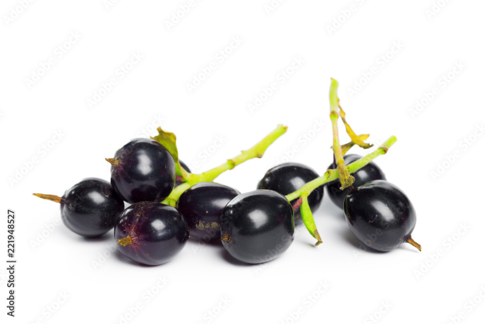 Berries black currant with green leaf. Fresh fruit, isolated on white background.