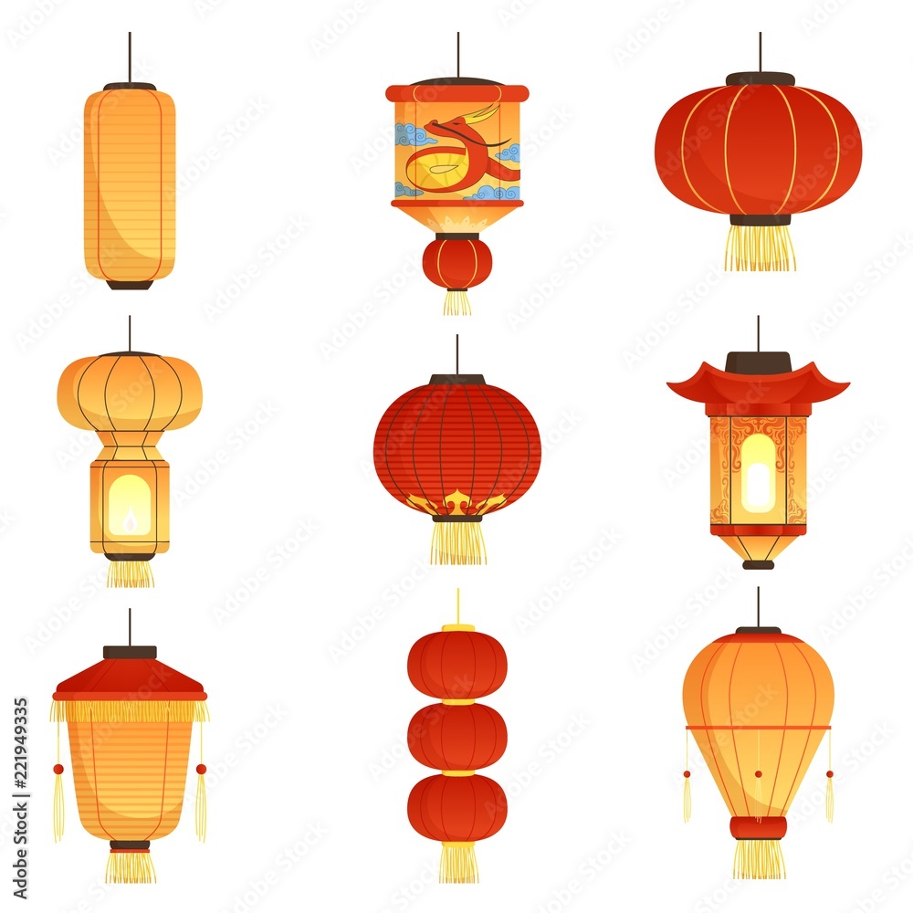 Chinese festival lanterns. China street asian chinatown wedding paper lanterns vector cartoon isolated. Lamp and lantern, festival oriental light illustration Stock Vector Adobe Stock