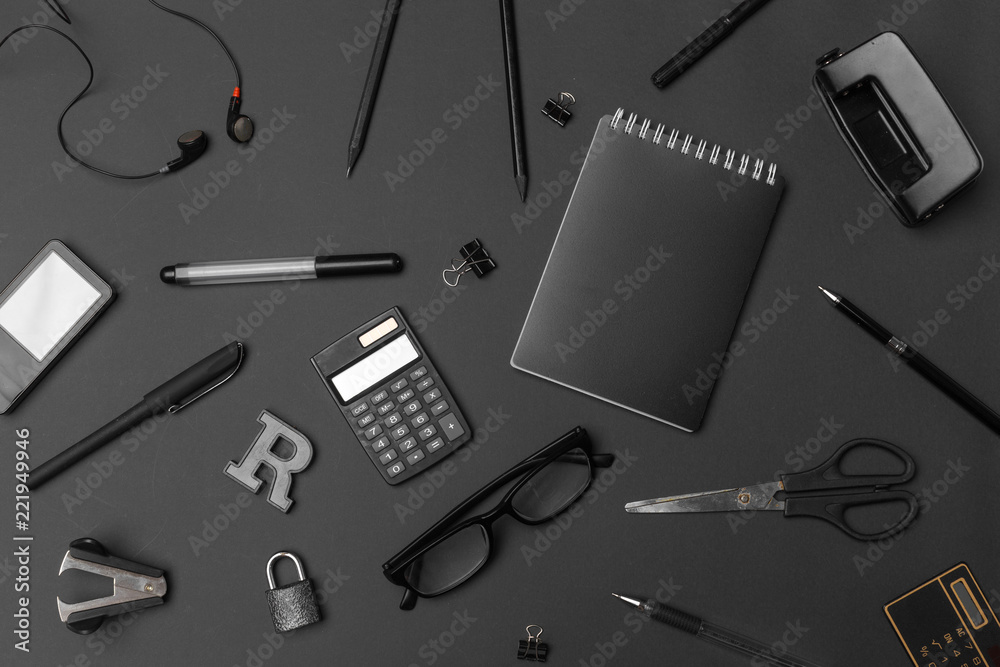 Concept back to school watch chalk line cookies stationery on black background. Concept back to school watch chalk line cookies stationery on black background.