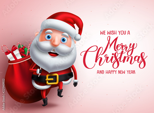 Mery Christmas greeting with santa claus vector character carrying gifts while walking with space for text in a background for holiday season design. Vector illustration.
