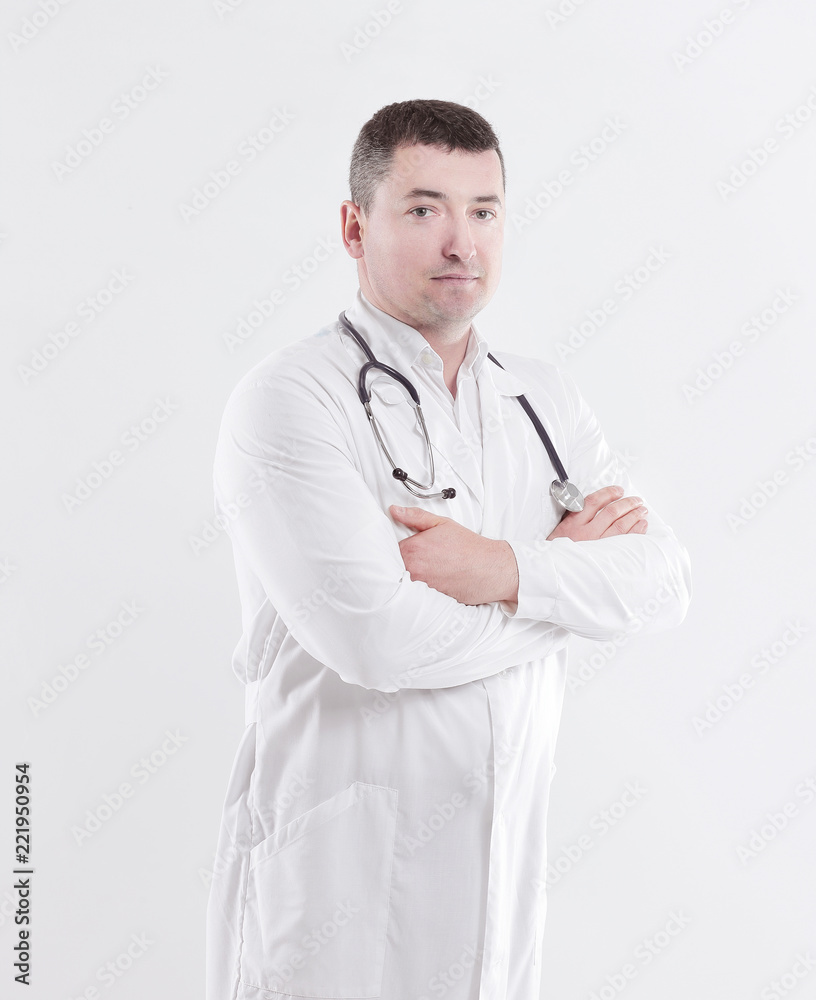 confident therapist doctor with stethoscope.isolated on white