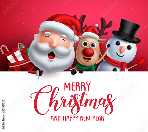 Merry christmas greeting template  with santa claus, snowman and reindeer vector characters singing christmas carol while holding empty white space for christmas wish list. Vector illustration.
