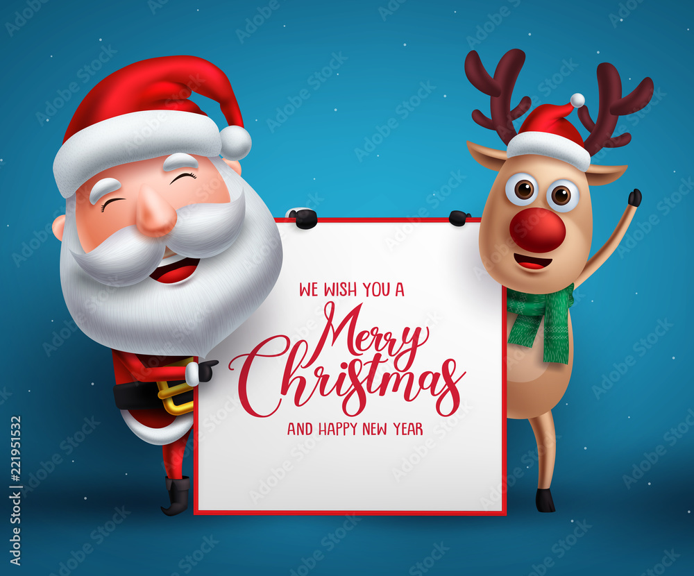 Merry christmas greeting template with santa claus and reindeer vector  characters holding empty white board for christmas list in blue background.  Vector illustration. Stock Vector | Adobe Stock