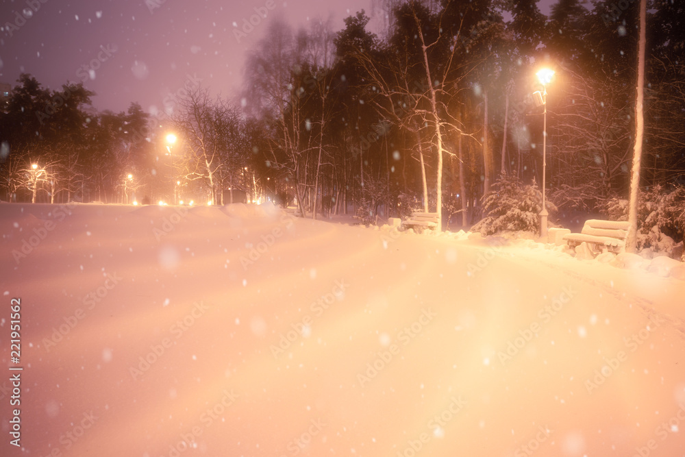 Night winter snowfall landscape. Snowy alley of city illuminated park