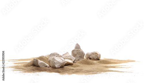 Rocks in sand pile isolated on white background and texture