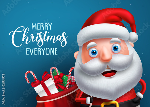 Santa claus vector character and merry christmas greeting in a blue background banner. Santa claus carrying bag of gifts while talking. Vector illustration.
