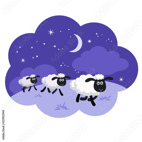 Counting sheep in the night background in a dream bubble isolated