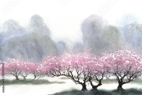 Watercolor landscape. Flowering trees near the river