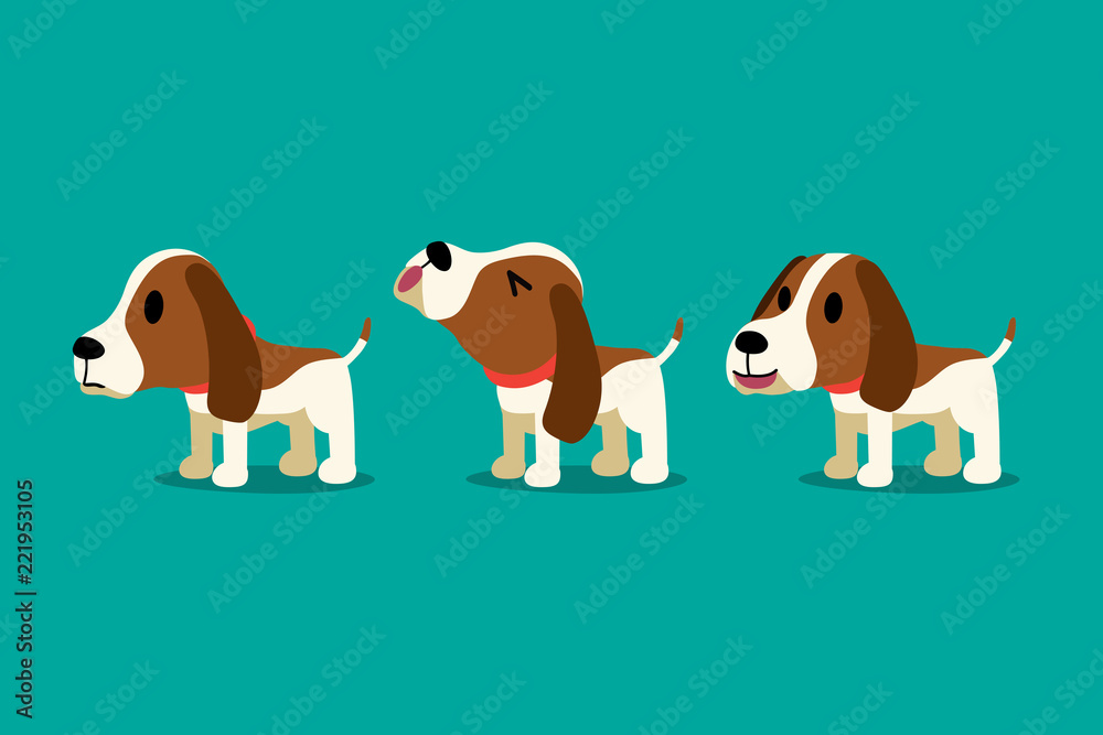 Set of vector cartoon character cute hound dog poses for design.