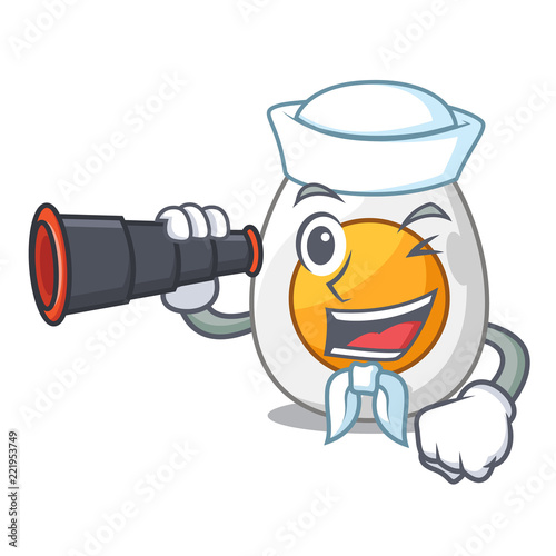 Sailor with binocular peeled boiled egg on mascot cartoon