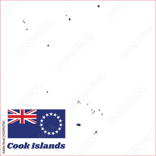 Map outline and flag of Cook Islands, Blue ensign with a ring of fifteen white stars in the fly. with name text Cook Islands.