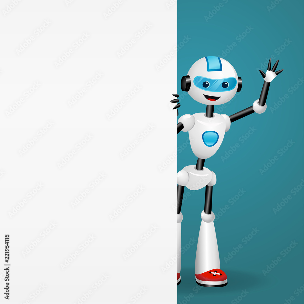 Cute robot looking out from behind an empty white board and waiving hand