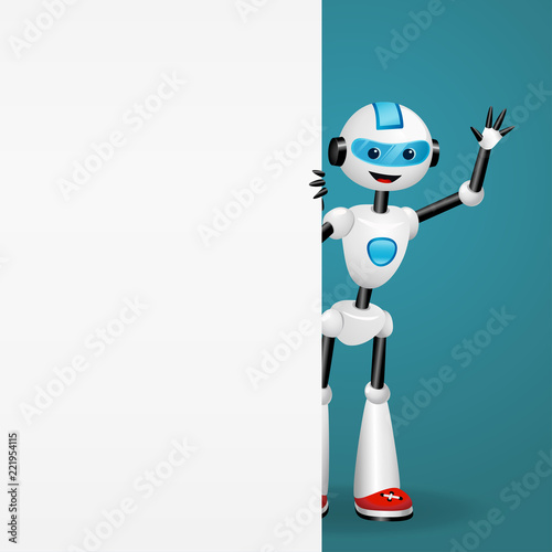 Cute robot looking out from behind an empty white board and waiving hand