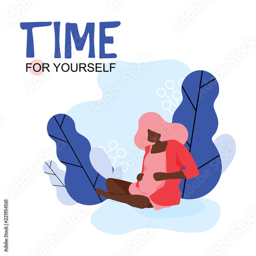 Vector Illustration. Young beautiful pregnancy woman character sitting position in modern flat style. Fitness healthy lifestyle. Time for yourself