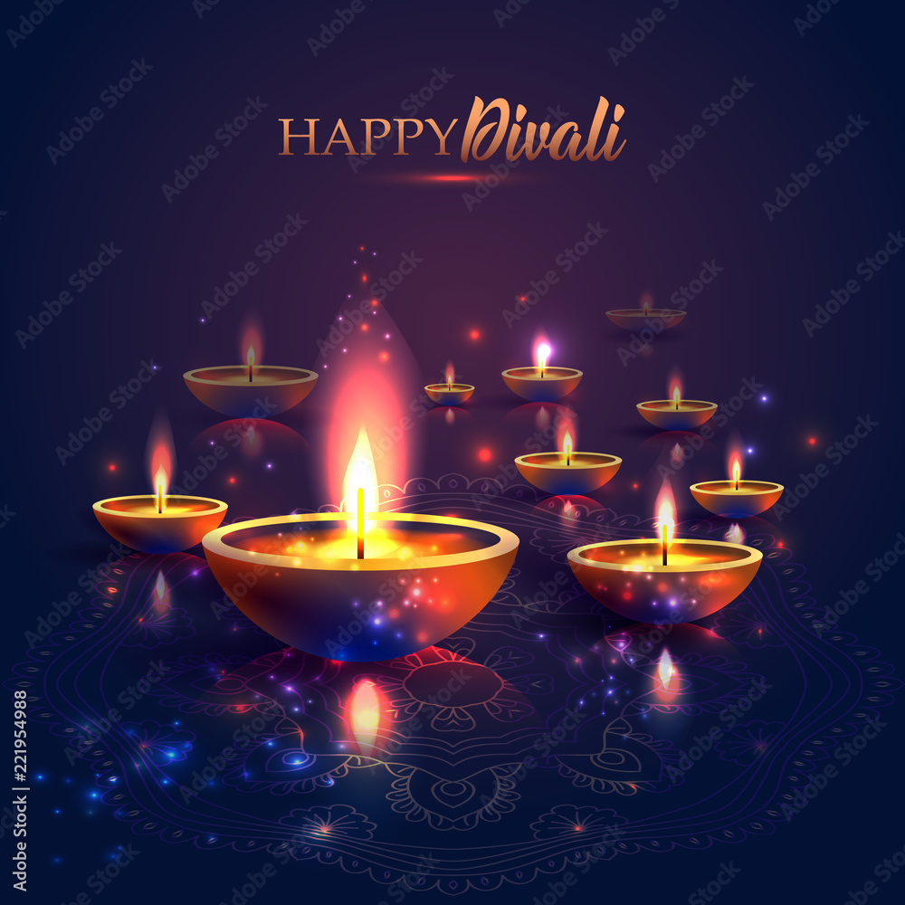 Happy Diwali festival of lights. Retro oil lamp on background night sky,  Illustration in vector format. Stock Vector | Adobe Stock
