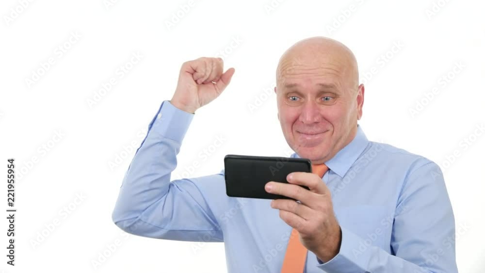 Happy Businessman Read Mobile Text with Good News Make Victory Hand Gestures Happy Businessman Read Mobile Text with Good News Make Victory Hand Gestures