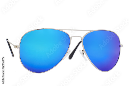 Silver sunglasses with Blue Mirror Lens isolated on white background