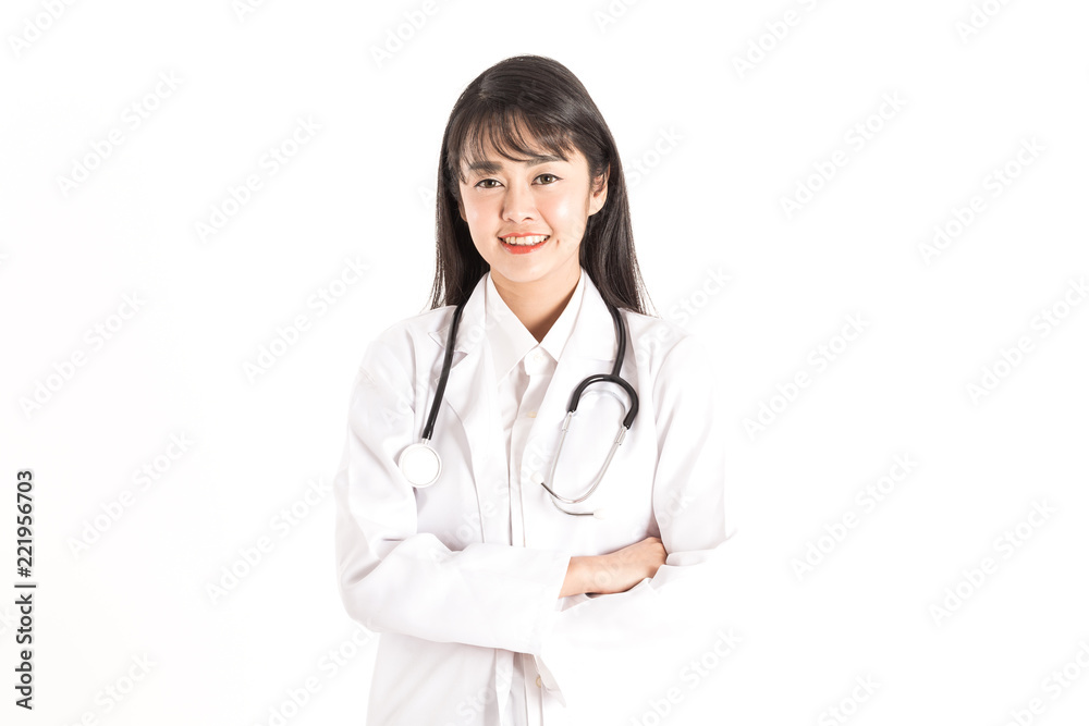 Beautiful Attractive Asian doctor woman smile and cross arm feeling so happiness and confident,Isolated on white background,Healthcare and Medical Concept Beautiful Attractive Asian doctor woman smile and cross arm feeling so happiness and confident,Isolated on white background,Healthcare and Medical Concept