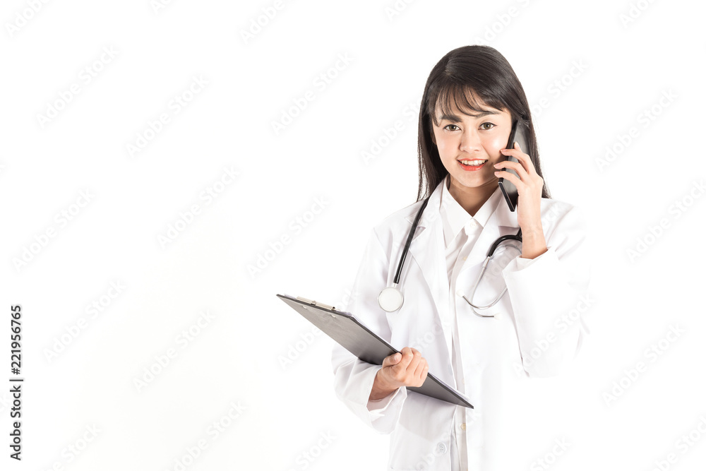 Beautiful Attractive Asian Doctor woman smile and talking in smartphone for diagnosis with specialist feeling so happiness and positive emotional,Isolated on white background,Healthcare Concept Beautiful Attractive Asian Doctor woman smile and talking in smartphone for diagnosis with specialist feeling so happiness and positive emotional,Isolated on white background,Healthcare Concept