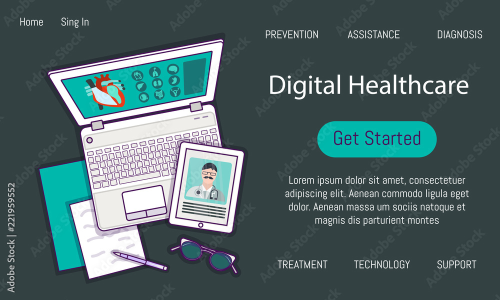 Εκτύπωση καμβά Vector flat icon of digital healthcare banner