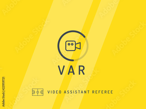 Video Assistant Referee. Soccer / football VAR System on the TV screen. Trendy flat vector on yellow background.