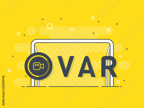 Soccer / football VAR System and replay kick on the gate. Video Assistant Referee. Trendy flat vector on yellow background.