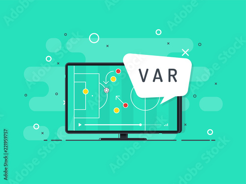 Soccer / football VAR System on the TV screen. Playing field on screen. Trendy flat vector illustration. 