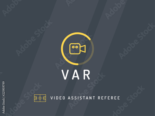 Video Assistant Referee. Soccer / football VAR System on the TV screen. Trendy flat vector on dark background.