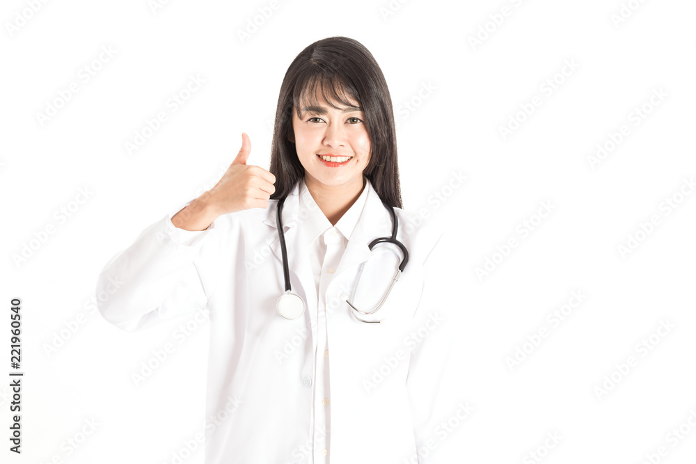 Asian Doctor woman smile and showing thumbs up,Isolated on white background Asian Doctor woman smile and showing thumbs up,Isolated on white background