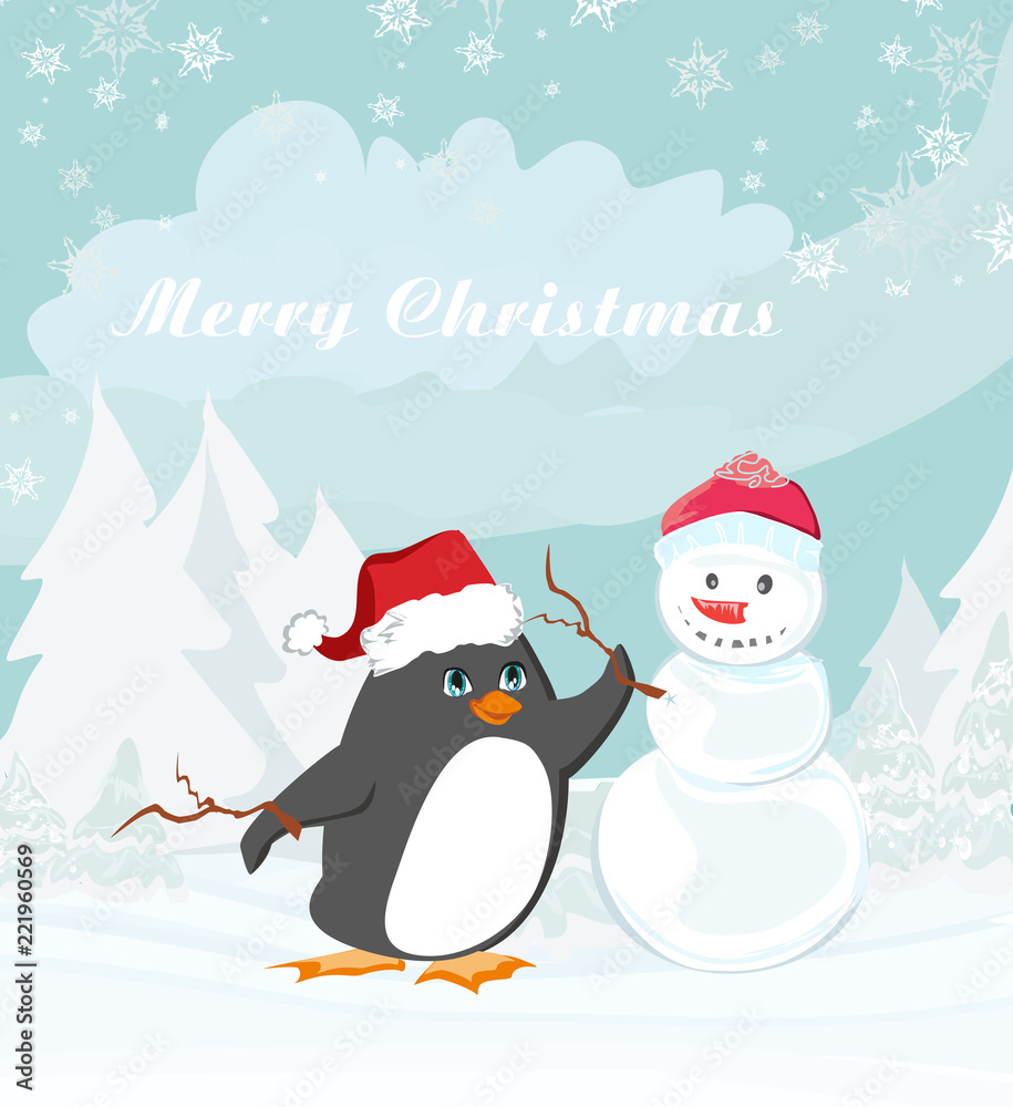 Merry Christmas card with penguin and a snowman