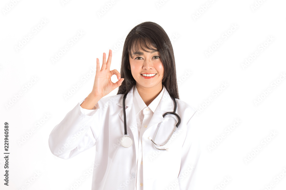 attractive Doctor Asian woman smile and show okay hand sign,Isolated on white background,Healthcare and Medical Concept attractive Doctor Asian woman smile and show okay hand sign,Isolated on white background,Healthcare and Medical Concept
